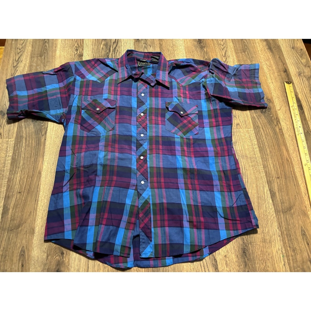 Rock Creek Ranch Shirt Mens XL Blue Plaid Button Up Western Pearl Snap Short